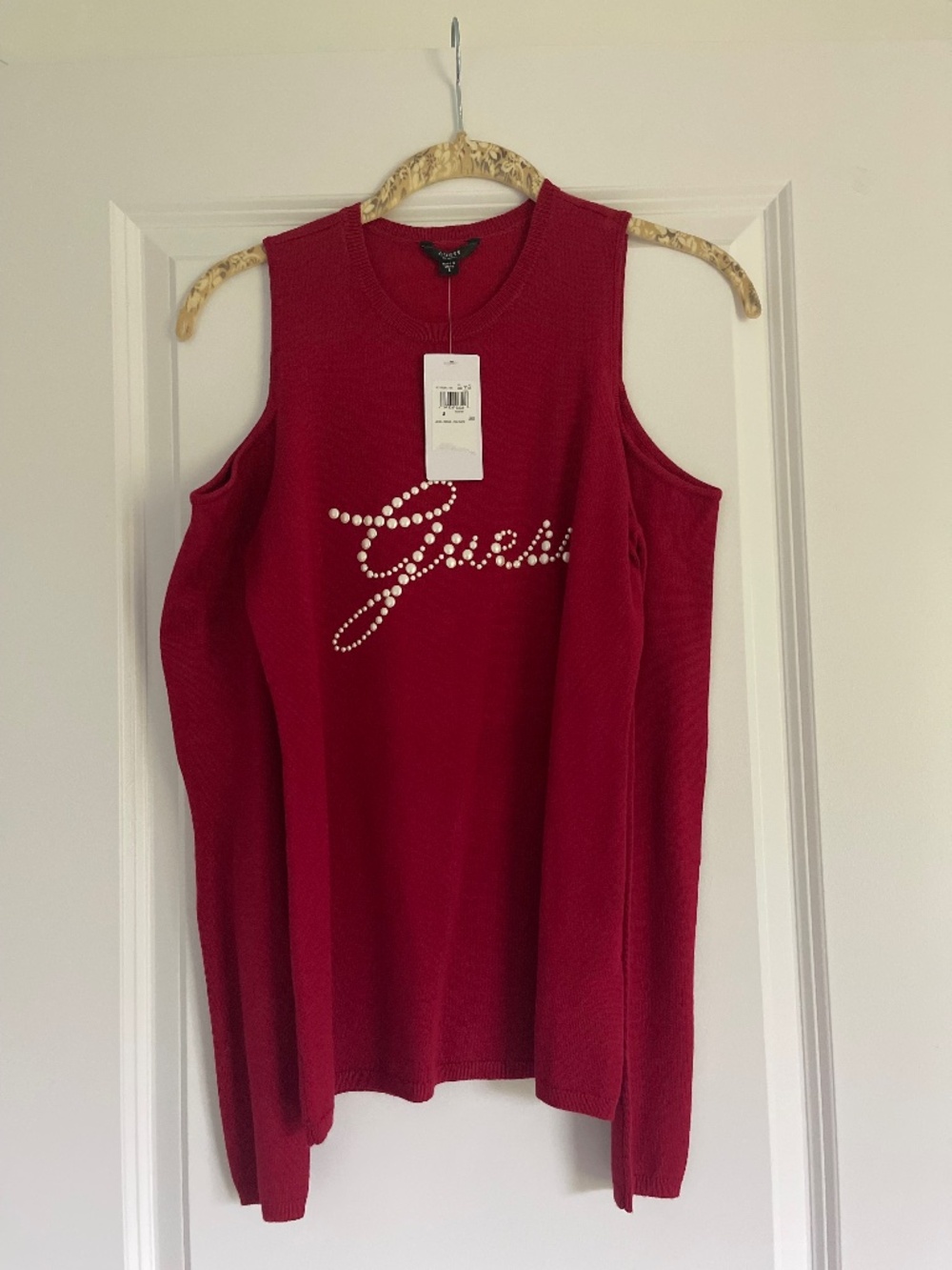 Guess Holly Pearl Logo Sweater Cold Shoulder Sleeve NWT Red Size Small